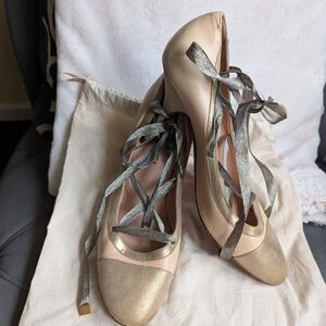 CHANEL Cream and Gold Lace Up Ballerina Heels Sz 41